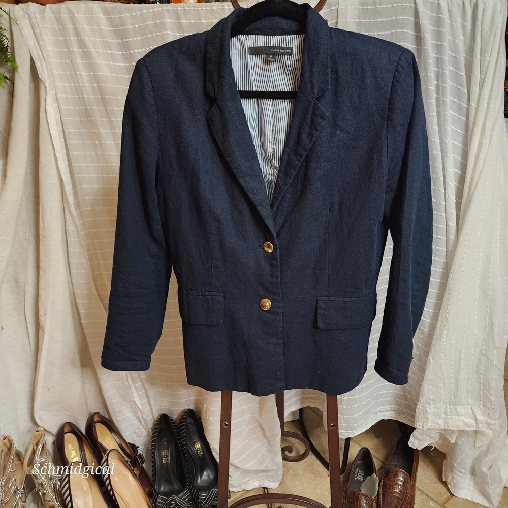 Harve Benard Navy Blue Linen Blend Blazer Gold Buttons Striped Lining Womens 8